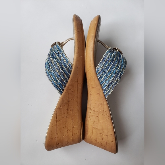 Italian Shoemaker Rhinestones Blue Gold Tone Wedge Sandals Size 10 - Picture 5 of 10